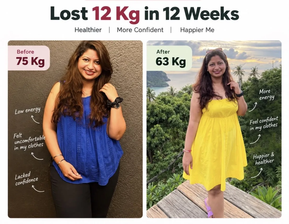 Flab2Fit client result — lost 12 kg in 12 weeks, 75 kg before and 63 kg after