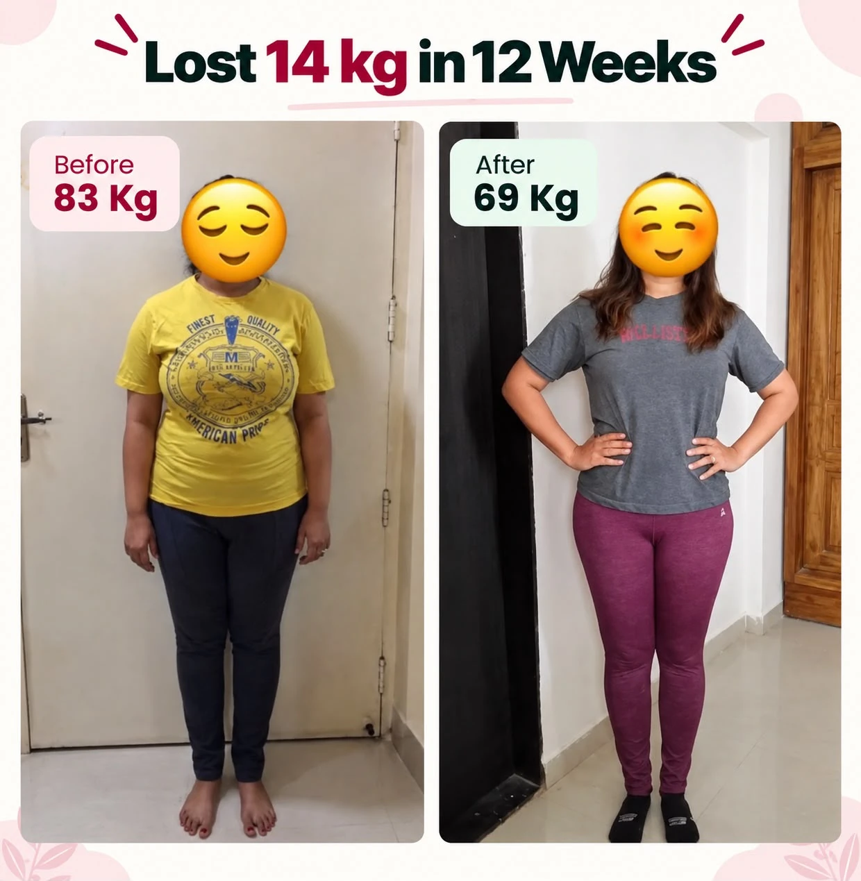 Flab2Fit client result — lost 14 kg in 12 weeks, 83 kg before and 69 kg after