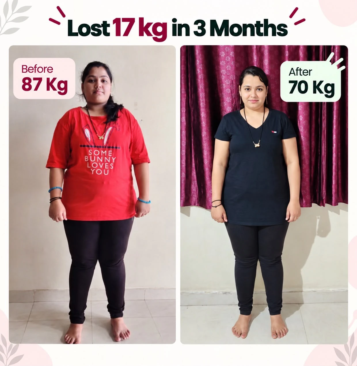 Flab2Fit client result — lost 17 kg in 3 months, 87 kg before and 70 kg after