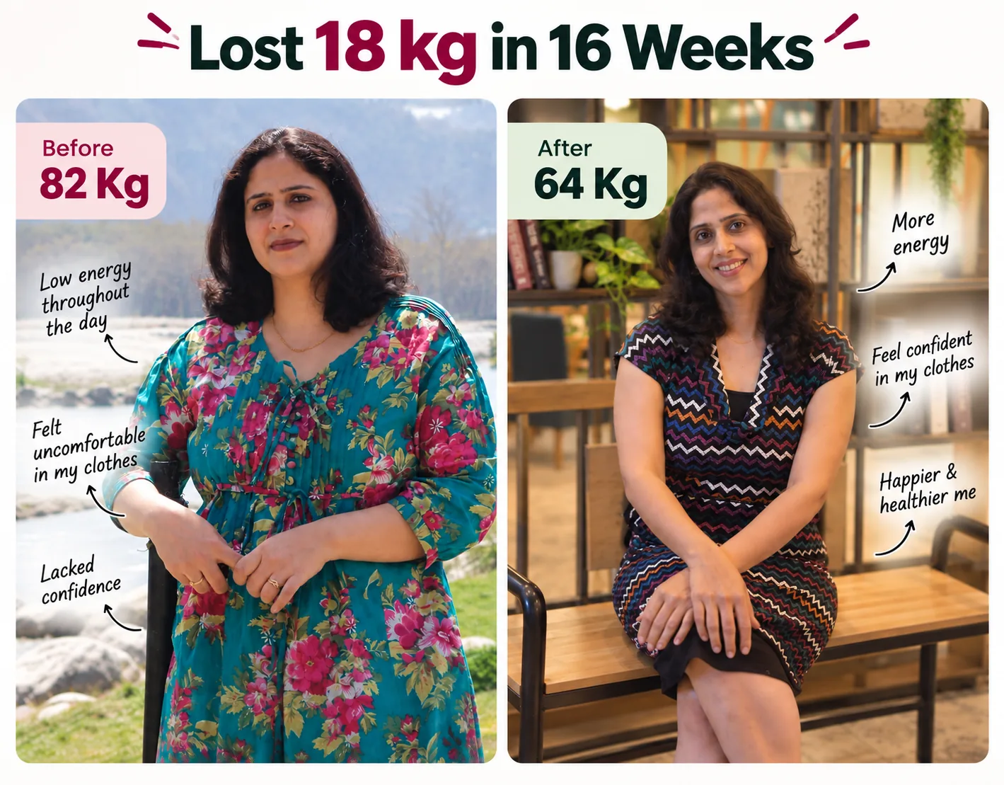 Flab2Fit client result — lost 18 kg in 16 weeks, 82 kg before and 64 kg after