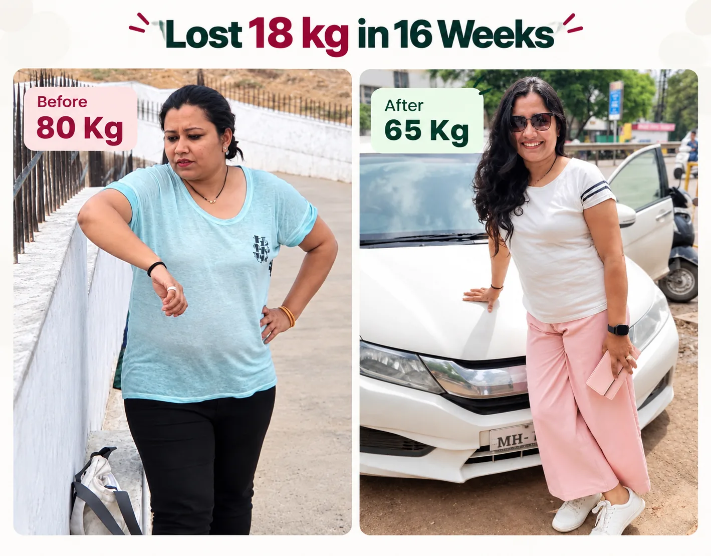 Flab2Fit client result — lost 18 kg in 16 weeks, 80 kg before and 65 kg after