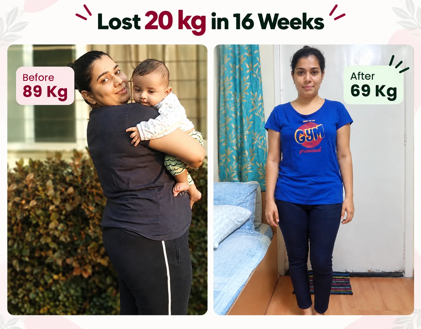Flab2Fit client result — lost 20 kg in 16 weeks, 89 kg before and 69 kg after